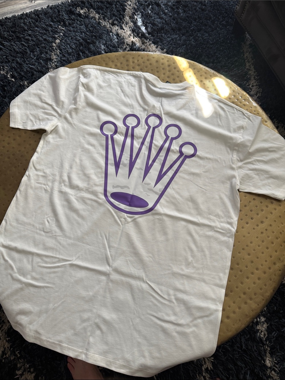 White Short Sleeve Tee with Purple Crown Graphic